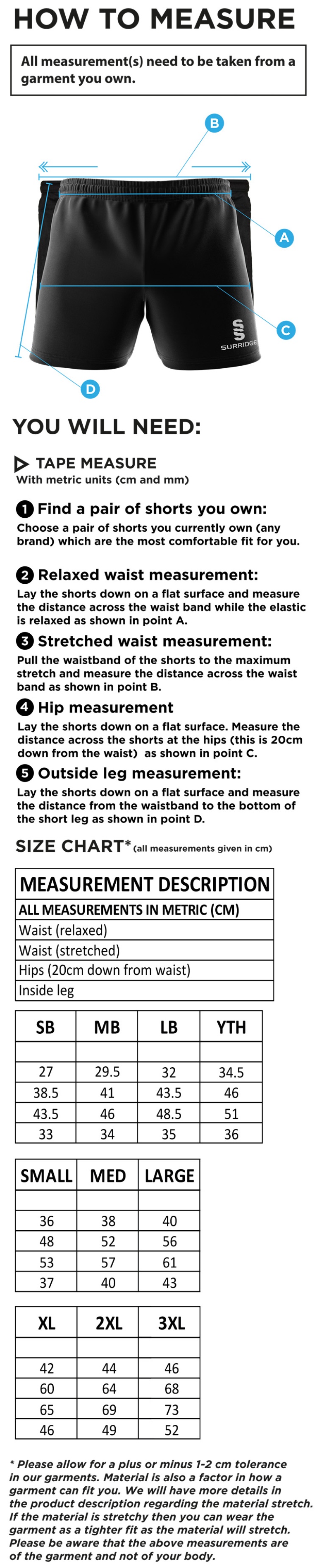 Performance Gym Short - Navy - Unisex Fit - Size Guide