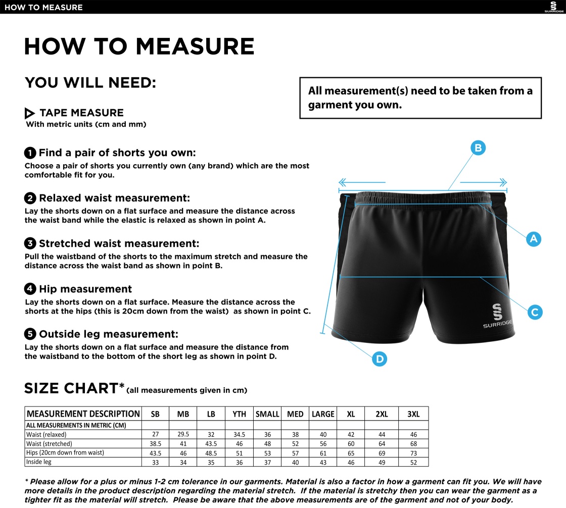Performance Gym Short - Navy - Unisex Fit - Size Guide