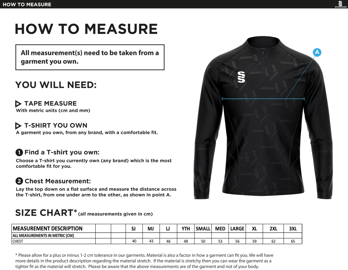 Impact 1/4 Zip Performance Top - Royal - Size Guide