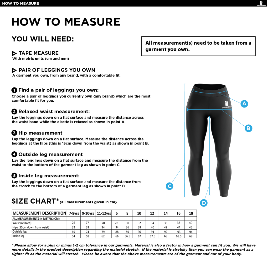 Youth's Performance Full Length Leggings : Navy - Size Guide