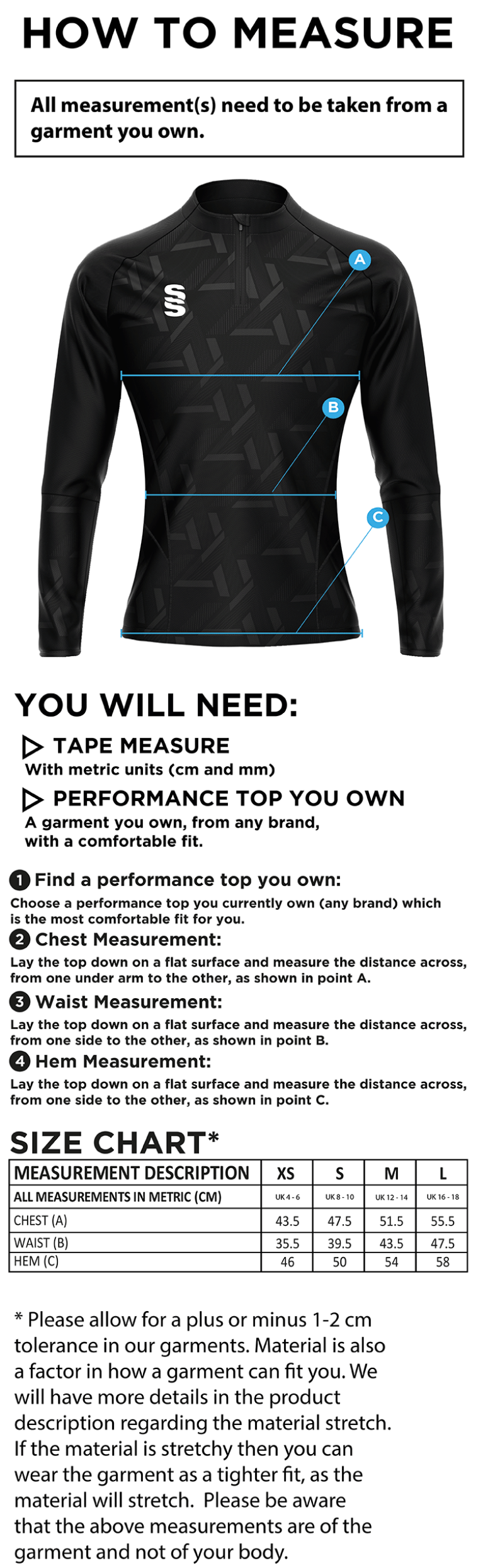 Impact 1/4 Zip Performance Top - Red - Girls Fit - Size Guide