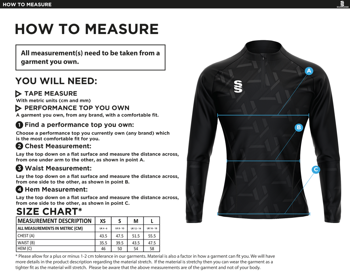 Impact 1/4 Zip Performance Top - Red - Girls Fit - Size Guide